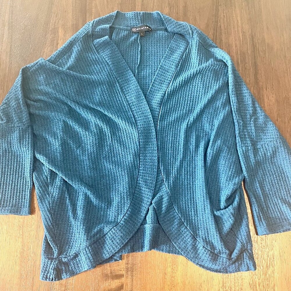 Large teal blue Wantable waffle print cocoon cardigan